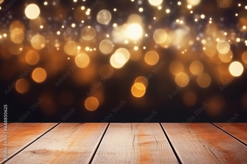 Rustic Wood Table in Front of Christmas Light Night, Abstract Circular Bokeh Background - Created with generative AI tools