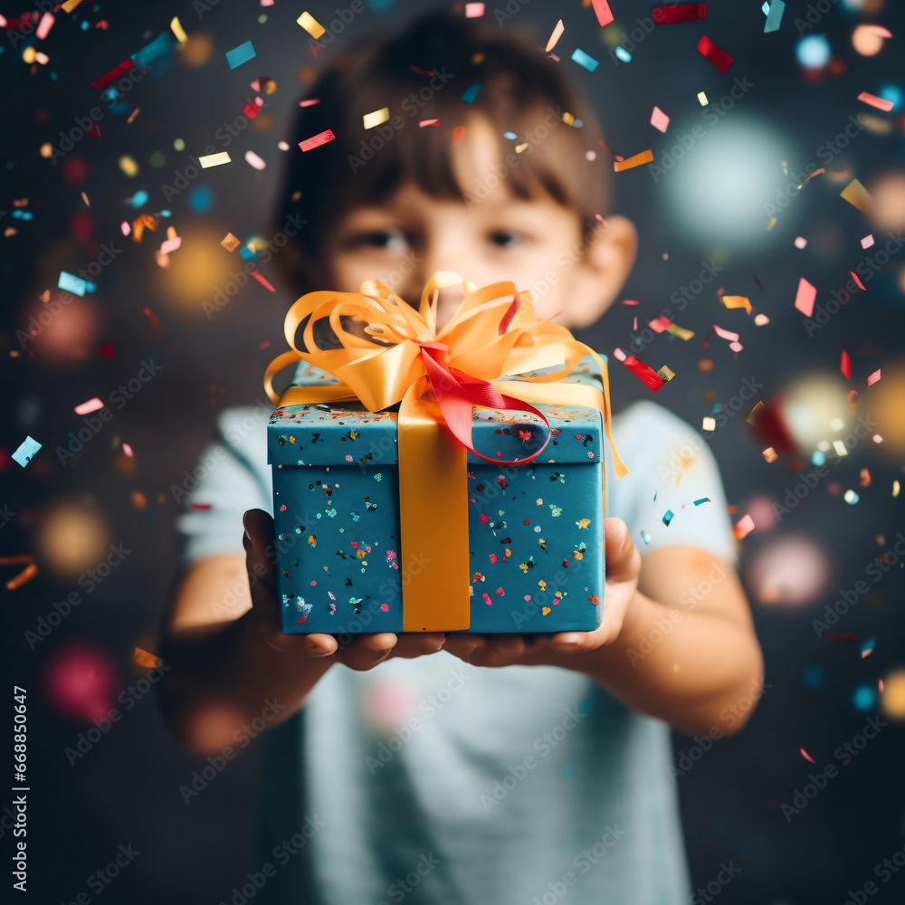 Kid hands holding gift or present box decorated confetti. Composition for Christmas - obrazy, fototapety, plakaty 