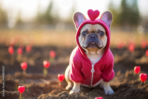 French bulldog wearing heart costume