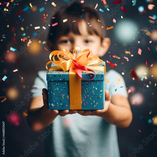 Kid hands holding gift or present box decorated confetti. Composition for Christmas
