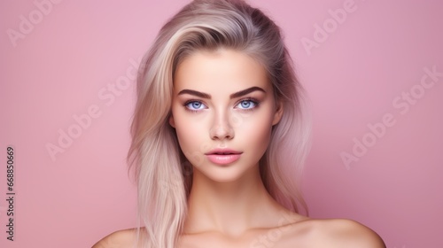 Graceful Young Woman Portrait: Perfect Smooth Skin on Pastel Pink Background - Timeless Beauty in Focus