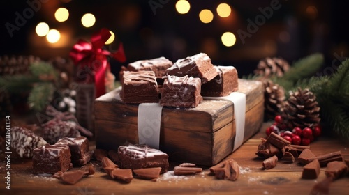 Delicious Christmas Fudge in Wooden Box on Vintage Table Background photo