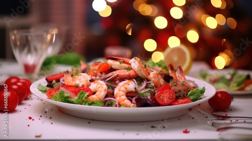 Delicious Christmas Salad with Smoked Salmon  Shrimps  Raspberries and Cherry Tomatoes on a White Wooden Background - Perfect for a  Dinner Table Celebration