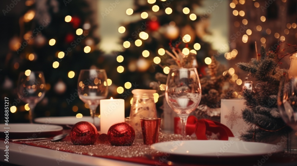 Elegant Christmas Dinner Table Setting with  Decorations