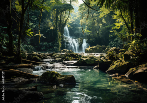 A Waterfall in Tropical Jungle Poster  Capturing the Lush Serenity and Flowing Elixir of Nature s Secluded Retreat  Crafted by Generative AI