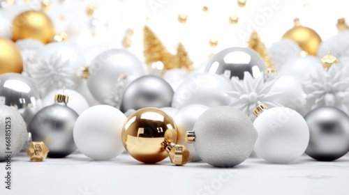 Elegant Holiday Banner: Silver and Gold Christmas Ornaments on a Clean White Background