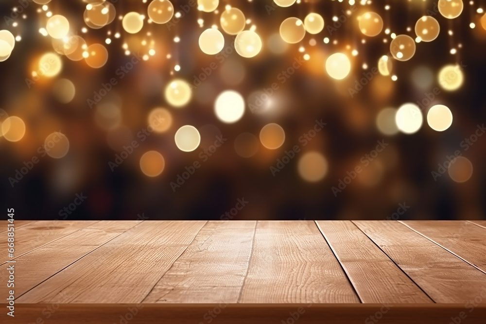 Rustic Wood Table in Front of Christmas Light Night, Abstract Circular Bokeh Background - Created with generative AI tools Rustic Wood Table in Front of Christmas Light Night, Abstract Circular Bokeh Background - Created with generative AI tools