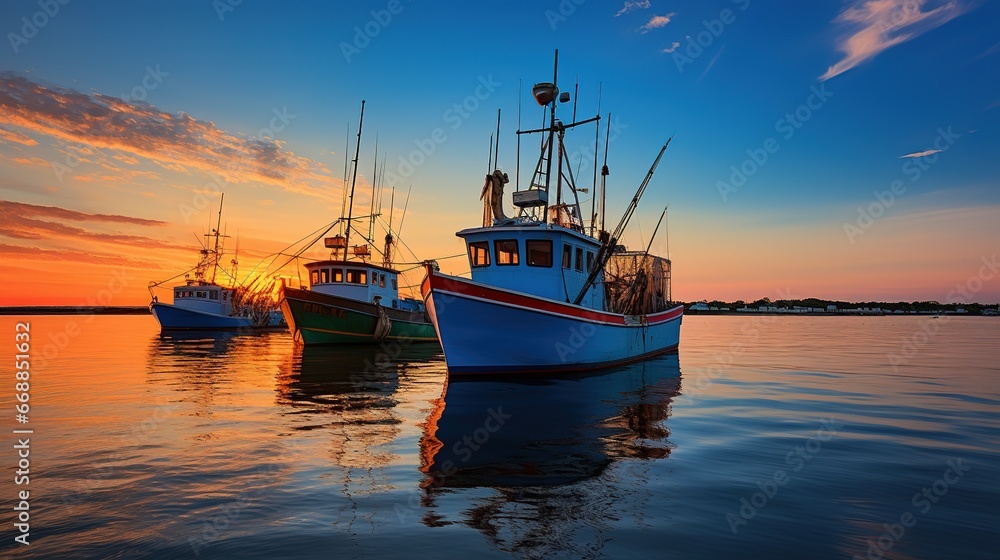 Fishing boats in the harbor at sunset, Baltic Sea, Poland