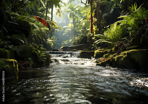 A Waterfall in Tropical Jungle Poster  Capturing the Lush Serenity and Flowing Elixir of Nature s Secluded Retreat  Crafted by Generative AI