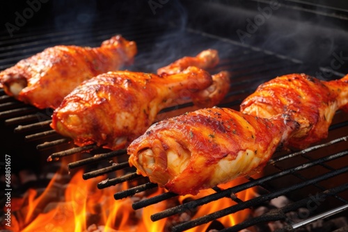 drumsticks on barbecue grill with smoke rising