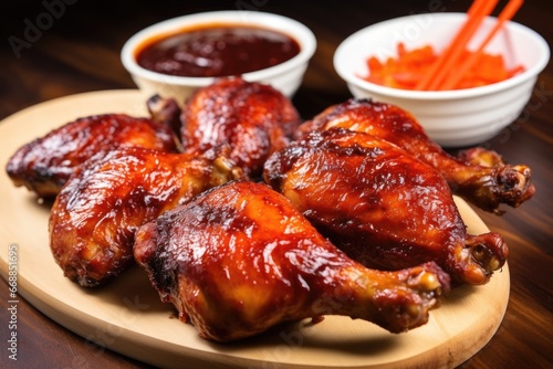 close-up shot of bbq chicken drumsticks with bbq sauce on the side