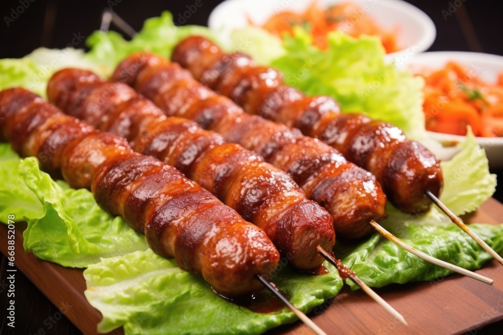 multiple bbq sausages nestled on a bed of lettuce