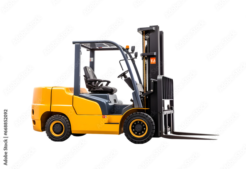 Forklift truck isolated on a transparent background, Forklift loader, Pallet stacker truck equipment at warehouse, Generative AI Forklift truck isolated on a transparent background, Forklift loader, Pallet stacker truck equipment at warehouse, Generative AI