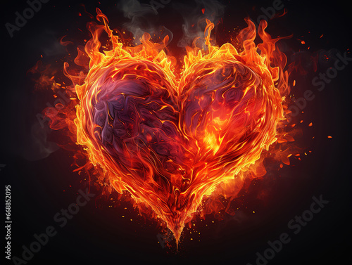 Beautiful heart made of fiery lava, Flame symbol of love, An unusual gift. Generative Ai