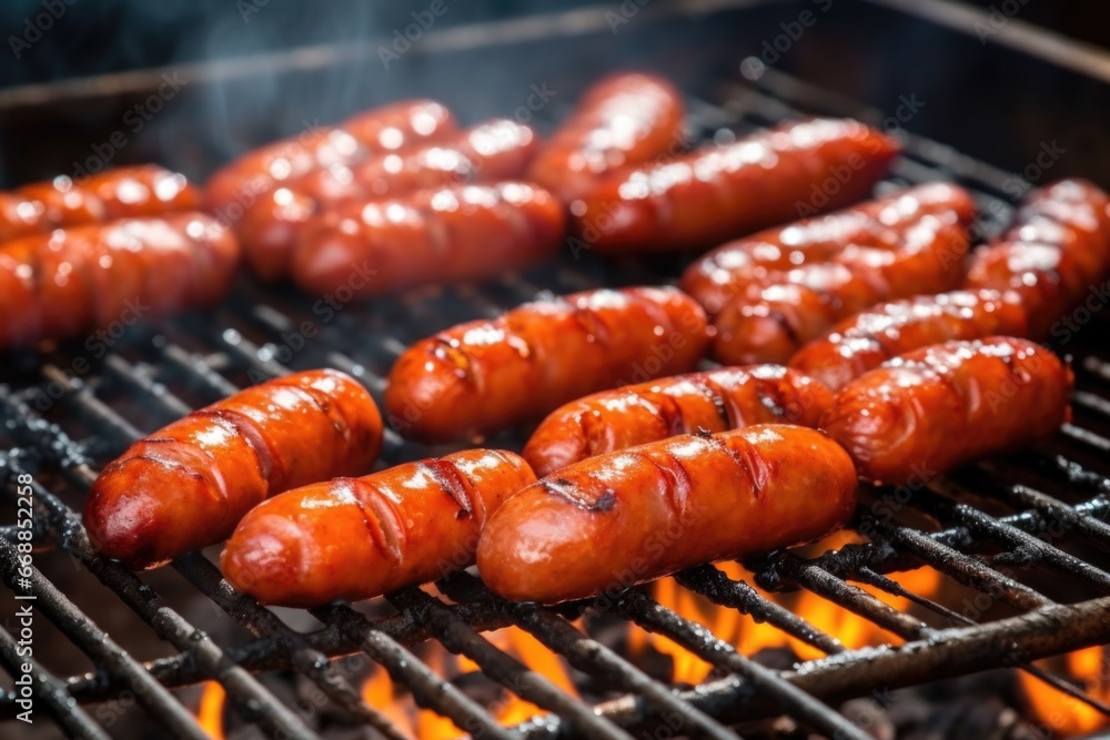 close-up of sizzling sausages on a bbq grill