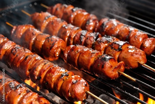 close-up image of grilled hot links on skewers