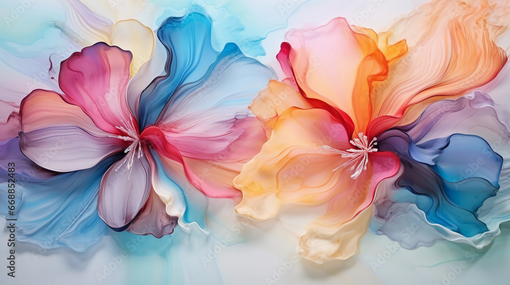 Fluid abstract expressionism, blooming flowers, Aesthetics colorful floral inspirational tenderness illustration, oil paint, Wall decoration photo, Generated AI.