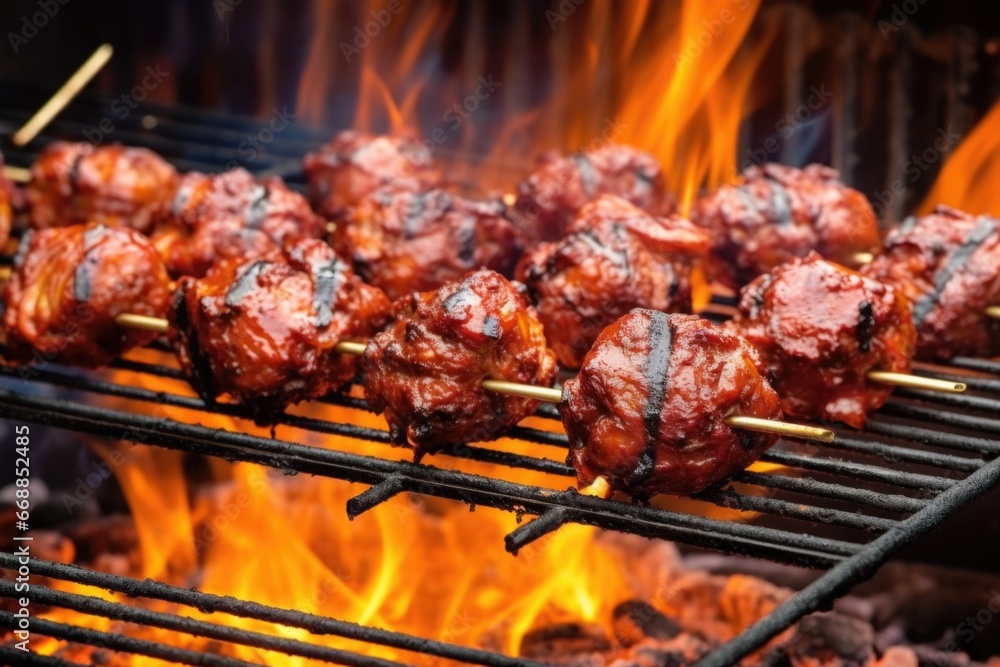 skewered bbq meatballs on grill with flames