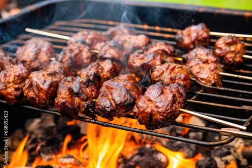 closeup of juicy meatball skewers on a grill