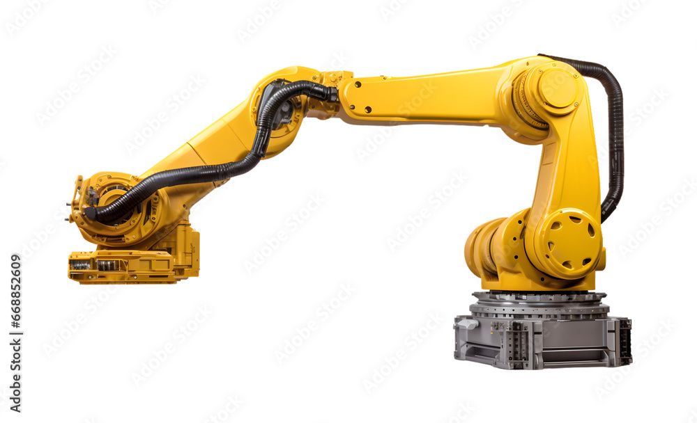 Industrial robotic arm isolated on a transparent background. Industrial robot works automatically in smart autonomous factory. Generative AI Industrial robotic arm isolated on a transparent background. Industrial robot works automatically in smart autonomous factory. Generative AI