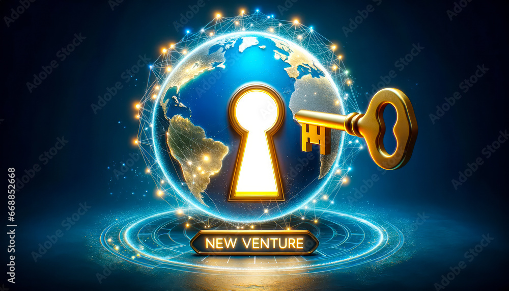 3D render of a luminous keyhole shaped like the globe, with a golden key approaching it, labeled NEW VENTURE. This symbolizes unlocking global opportunities and new markets. - obrazy, fototapety, plakaty 
