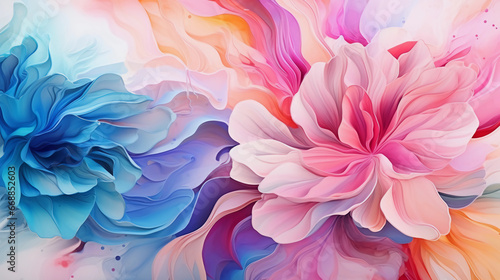 Fluid abstract expressionism, blooming flowers, Aesthetics colorful floral inspirational tenderness illustration, oil paint, Wall decoration photo, Generated AI. photo
