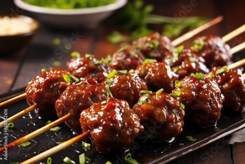 closeup of skewered meatballs with caramelized edges