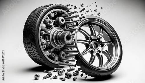 3D render of a classic wheel breaking apart, with the pieces transforming into modern, sleek wheel components, visualizing the idea of Reinvent the Wheel from old to new.