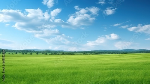 Green rice field and blue sky with white clouds, Nature background.