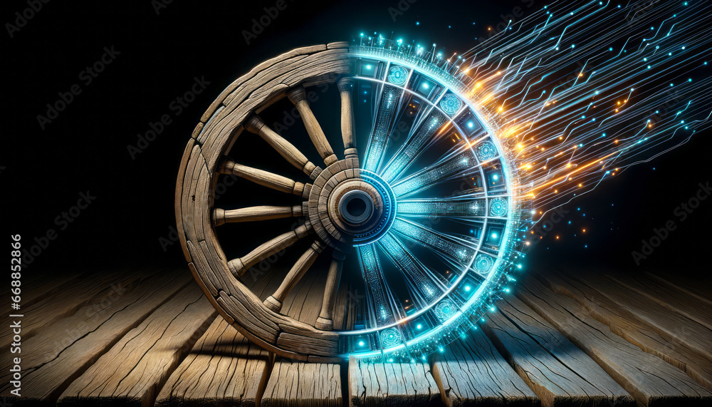 3D render of an old, wooden cartwheel evolving into a high-tech, illuminated digital wheel, showcasing the concept Reinvent the Wheel as progress from old to new. - obrazy, fototapety, plakaty 