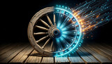 3D render of an old, wooden cartwheel evolving into a high-tech, illuminated digital wheel, showcasing the concept Reinvent the Wheel as progress from old to new.