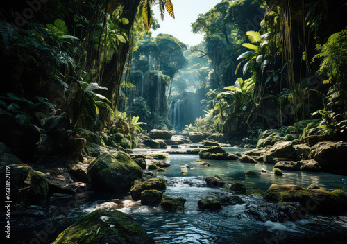 A Waterfall in Tropical Jungle Poster  Capturing the Lush Serenity and Flowing Elixir of Nature s Secluded Retreat  Crafted by Generative AI