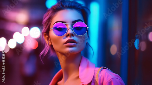 cheerful blond girl isolated on neon background,