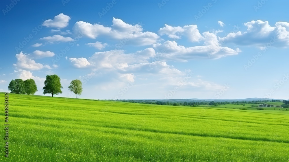 Obraz premium Beautiful spring landscape with green meadow and trees on blue sky