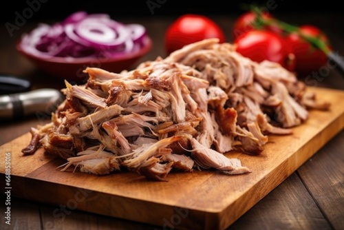 close-up of shredded pulled pork on a wooden chopping board