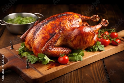 bbq smoked whole chicken resting on a wooden board