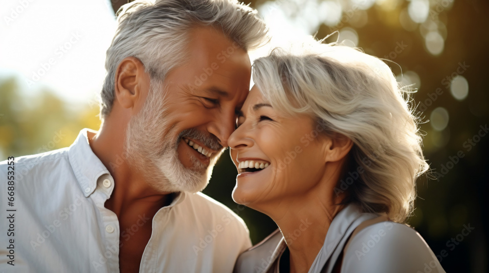 Beautiful gorgeous 50s mid age elderly senior model couple with grey hair laughing and smiling. Mature old man and woman close up portrait. Healthy face skin care beauty,  - obrazy, fototapety, plakaty 