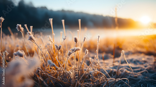 Close up portrait of a cold frosty grass field in a beautiful morning of winter, tree line and lake in background photo