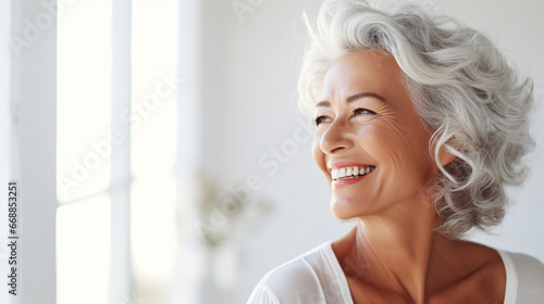 Beautiful gorgeous 50s mid age beautiful elderly senior model woman with grey hair laughing and smiling. Mature old lady close up portrait. Healthy face skin care beauty, 