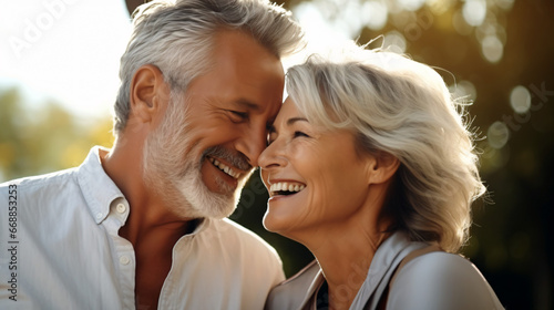 Beautiful gorgeous 50s mid age elderly senior model couple with grey hair laughing and smiling. Mature old man and woman close up portrait. Healthy face skin care beauty,  photo