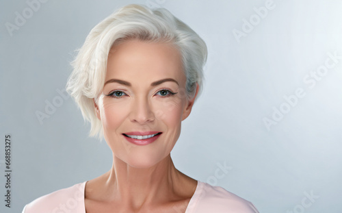 Beautiful gorgeous 50s mid age beautiful elderly senior model woman with grey hair laughing and smiling. Mature old lady close up portrait. Healthy face skin care beauty, 