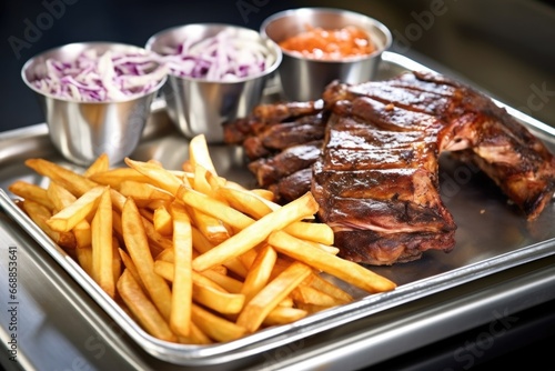 bbq ribs, coleslaw and fries aligned on a steel tray