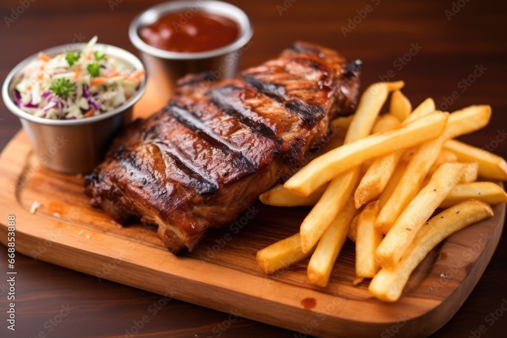 bbq ribs on a board with coleslaw and fries off to the side