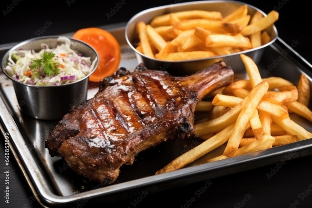 tasty grilled ribs served on a metallic tray with coleslaw and fries