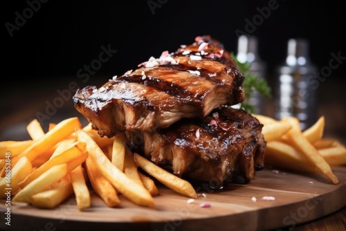 side shot of bbq ribs stacked high with coleslaw and fries beneath