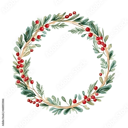 Christmas wreath with Poinsettia flowers, cranberry and holly berry and golden line border for holiday card decor