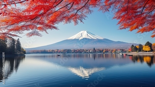 Mt Fuji and Kawaguchiko lake in autumn season.
