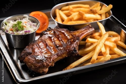 tasty grilled ribs served on a metallic tray with coleslaw and fries