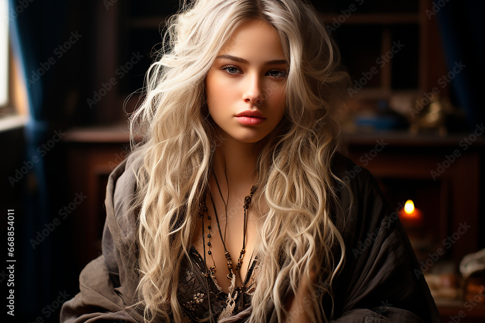A young woman with long blond. Careless styling, curls on long ash blonde hair.