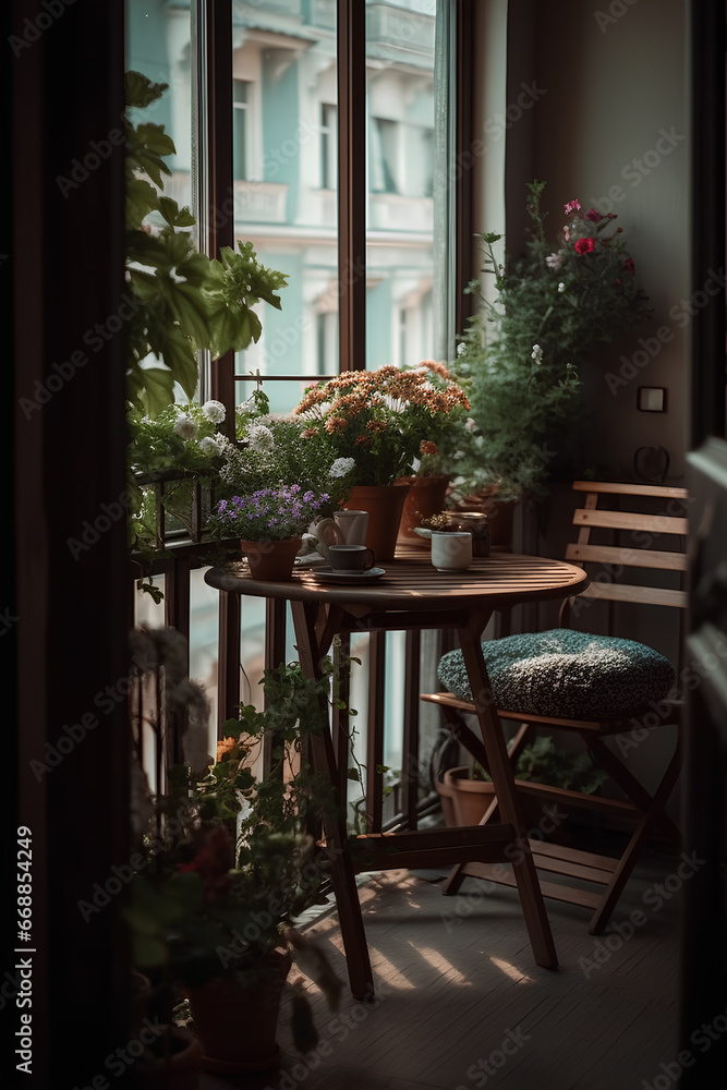 Beautiful decorated city terrace with table and decorative plants